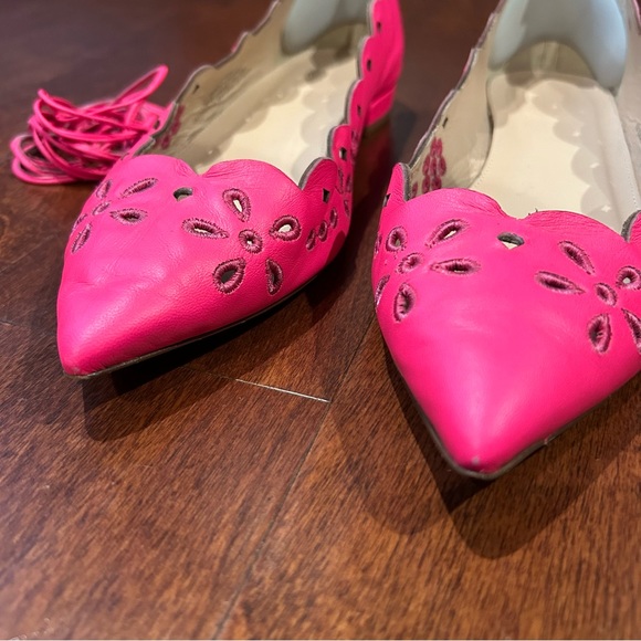 J Crew Lace-Up Leather Neon Pink Eyelet Pointed Toe Ballet Flats, Fit 9 1/2 - Picture 4 of 16